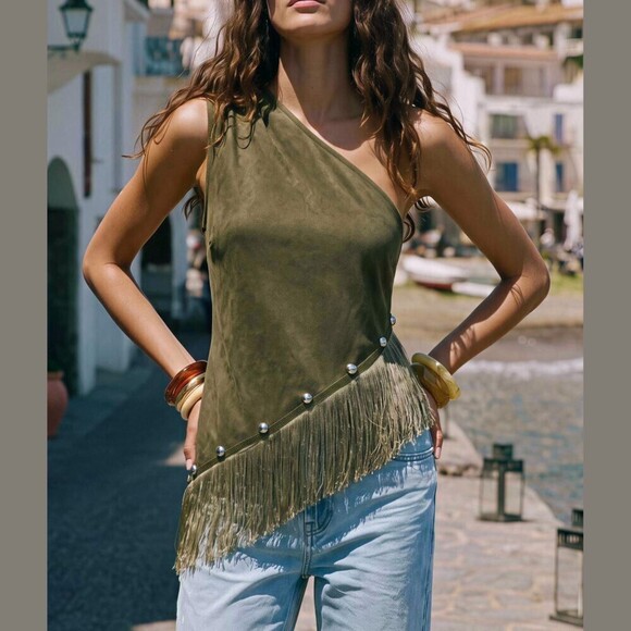 Tops - Olive Green Faux Suede Studded Fringe Asymmetrical Top